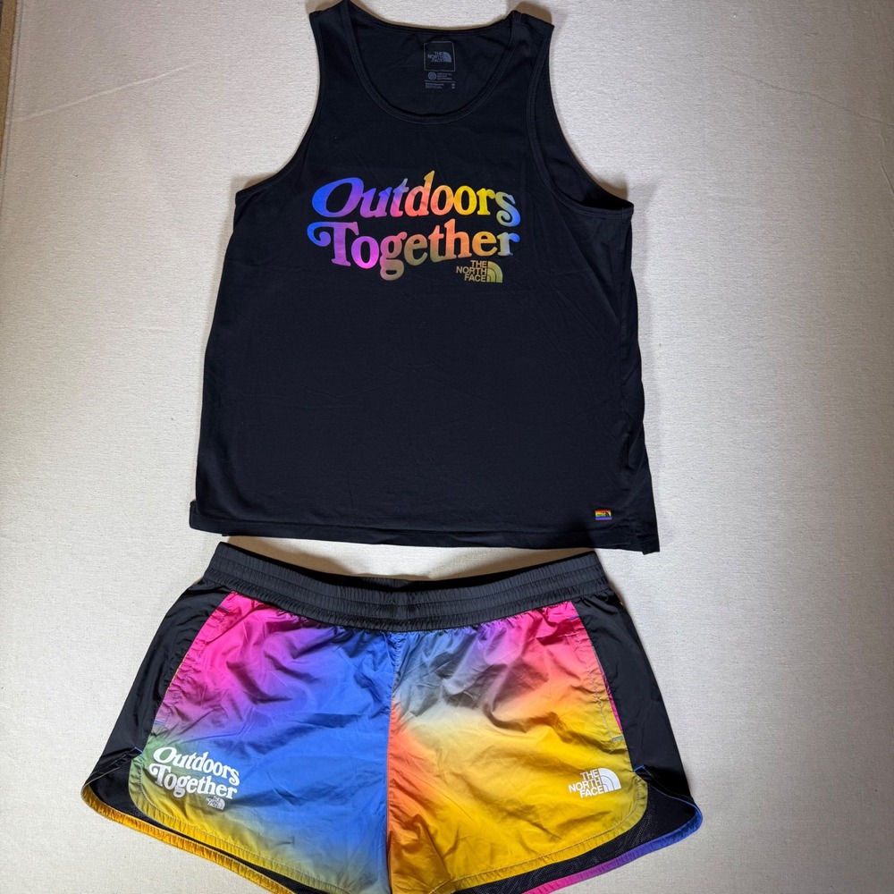 The North Face Outdoors Together Pride Tank Top Mens M and Shorts Womens XL Set